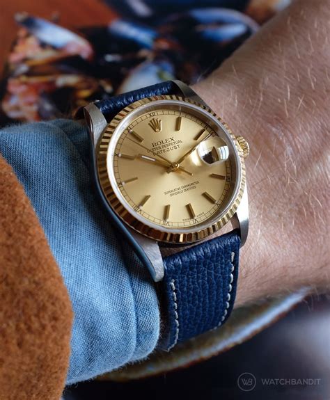 rolex with leather blue strap|best leather strap for rolex.